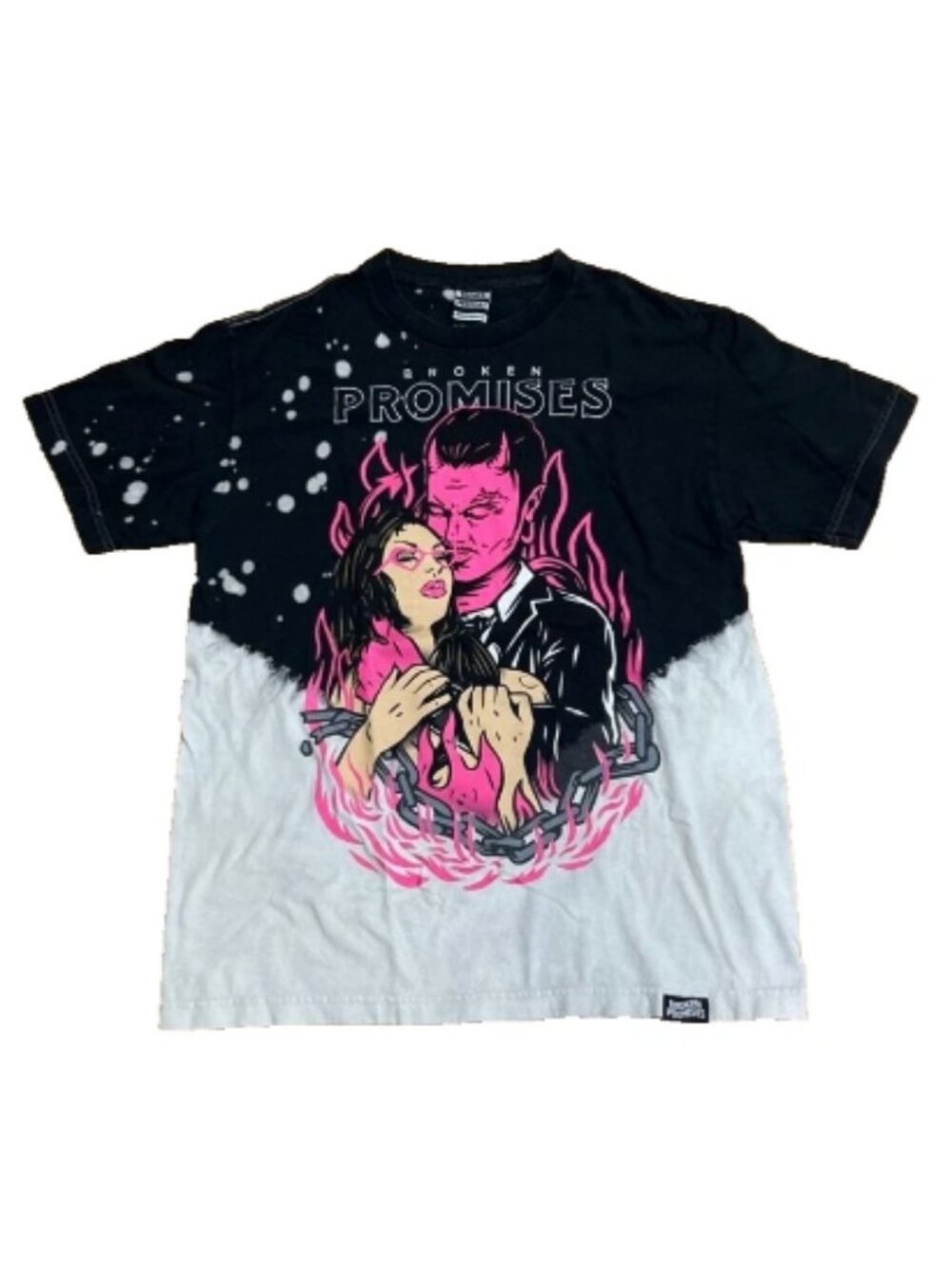 Broken Promises Devil’s Kiss Tee Black Neon Pink Bleach Dye Size M